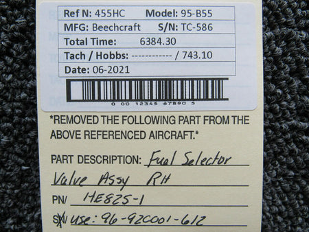 Beechcraft HE825-1 USE 96-920001-612 Beechcraft 95-B55 Fuel Selector Assy RH