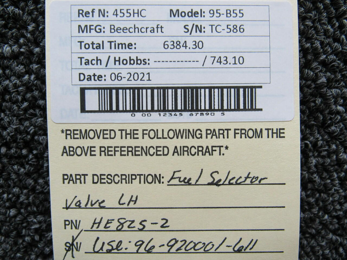 Beechcraft HE825-2 USE 96-920001-611 Beechcraft 95-B55 Fuel Selector Assy LH
