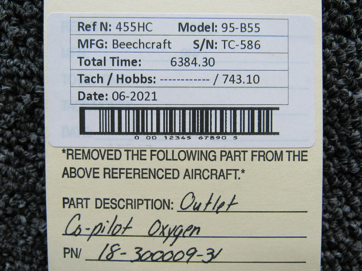 18-300009-31 Beechcraft 95-B55 Outlet Co-Pilot Oxygen BAS Part Sales | Airplane Parts