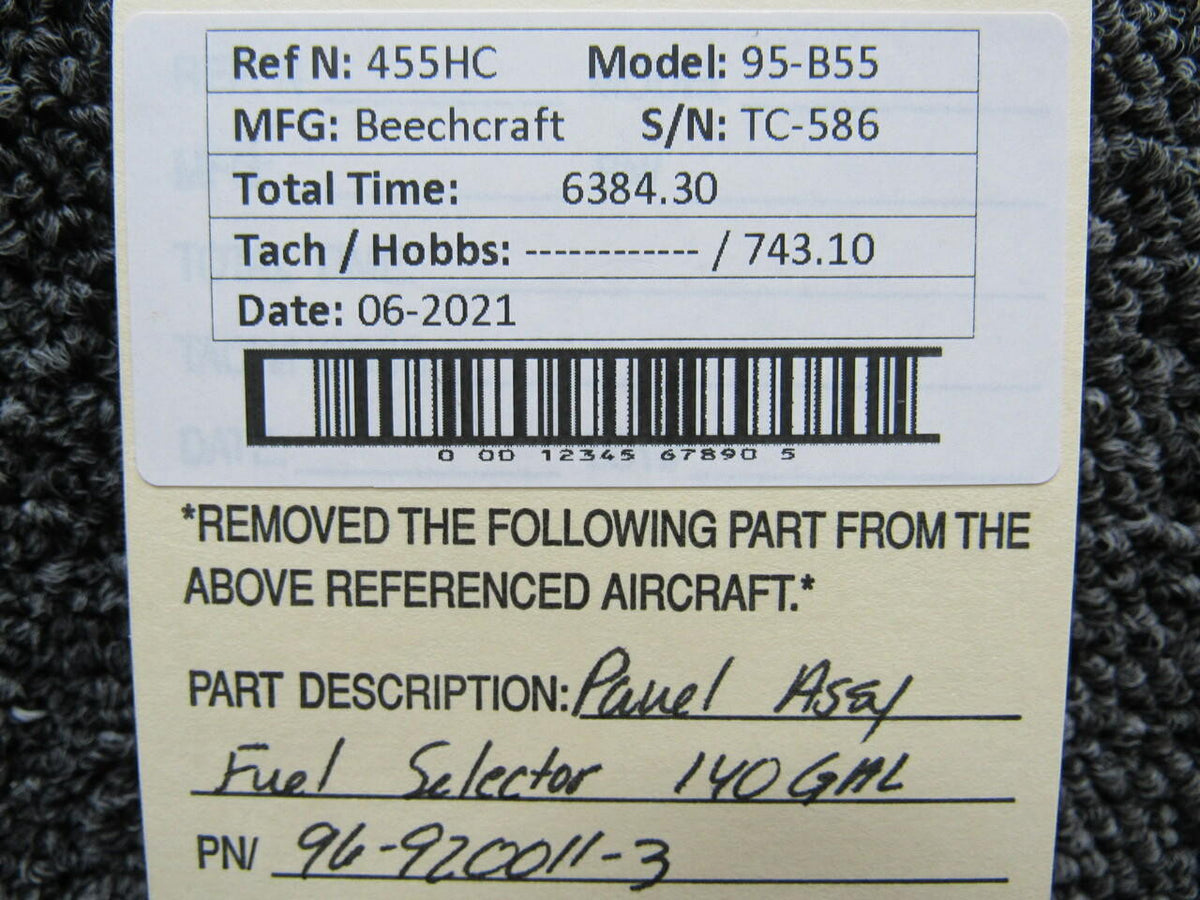 Beechcraft 96-920011-3 Beechcraft 95-B55 Panel Assy Fuel Selector 140 Gallon