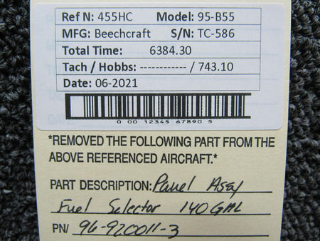 Beechcraft 96-920011-3 Beechcraft 95-B55 Panel Assy Fuel Selector 140 Gallon