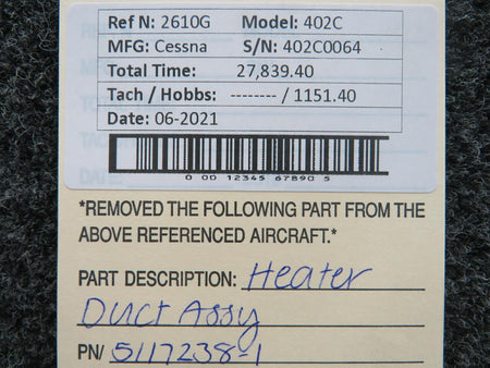 5117238-1 Cessna 402C Heater Duct Assembly BAS Part Sales | Airplane Parts