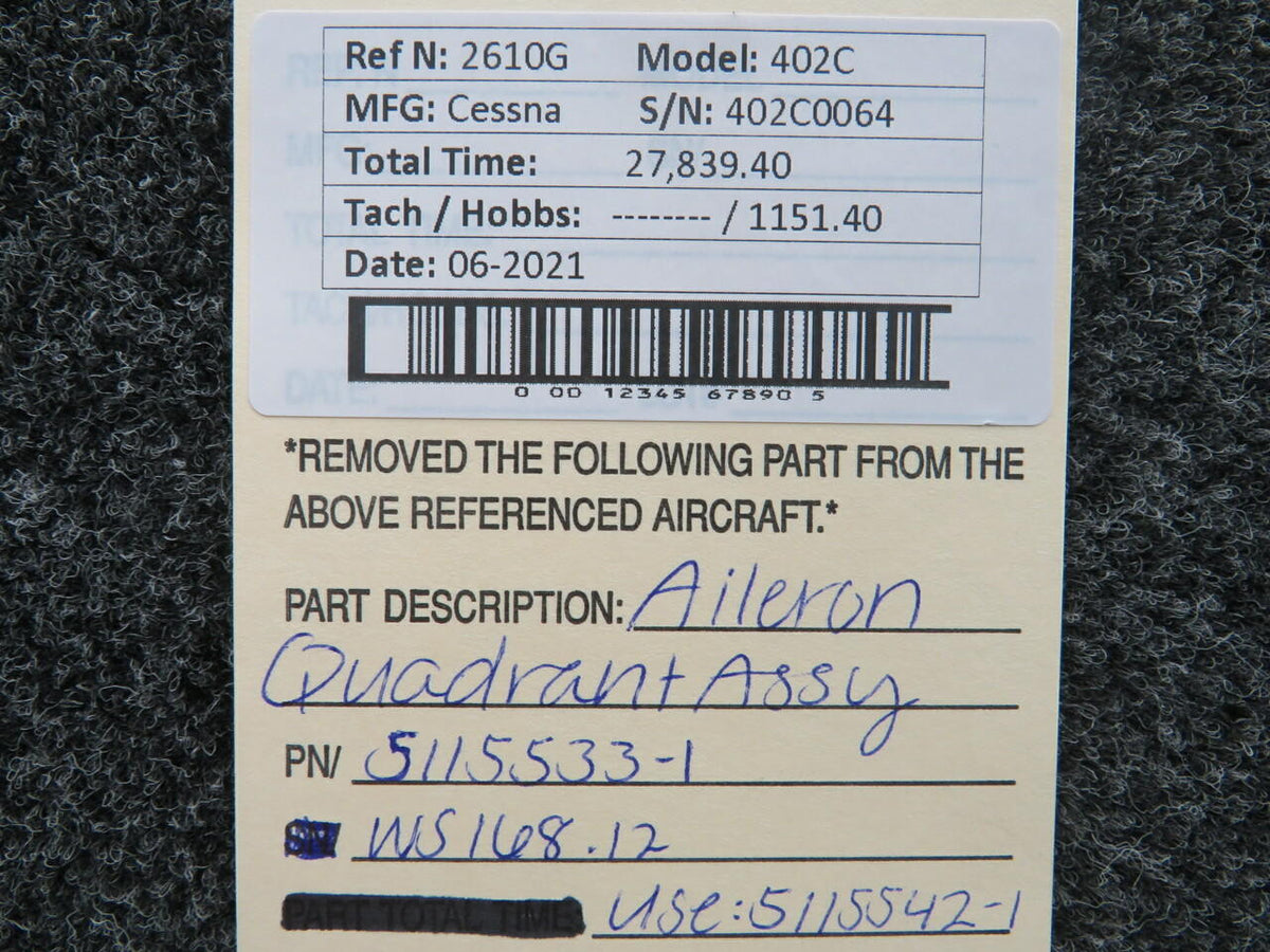 Cessna 5115533-1 USE 5115542-1 Cessna 402C Aileron Quadrant Assembly WS 168.12