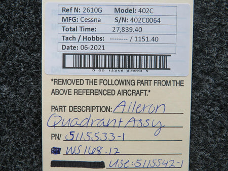 Cessna 5115533-1 USE 5115542-1 Cessna 402C Aileron Quadrant Assembly WS 168.12