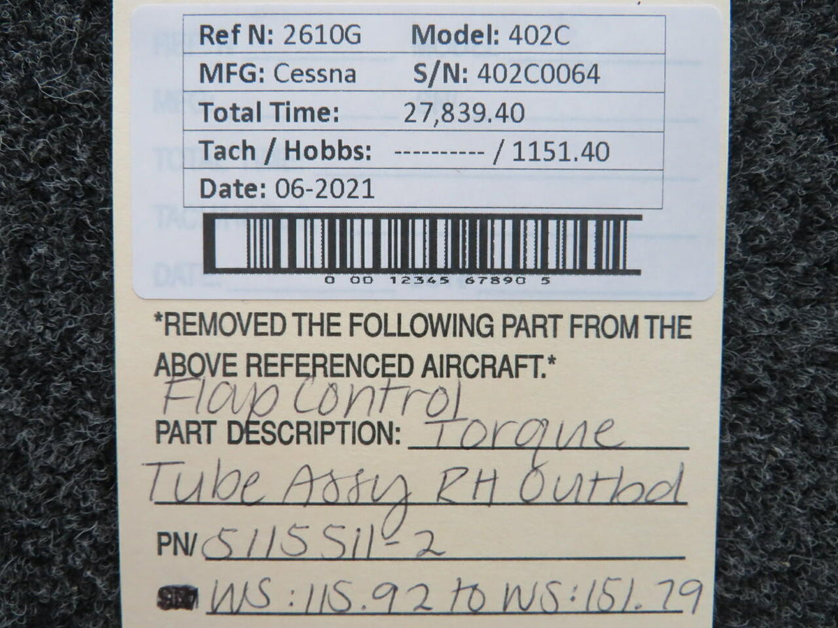 5115511-2 Cessna 402C Flap Control Torque Tube RH Outboard BAS Part Sales | Airplane Parts