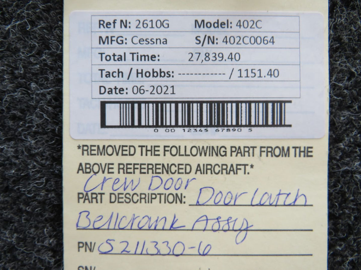 5211330-6 Cessna 402C Crew Door Latch Bellcrank Assembly BAS Part Sales | Airplane Parts