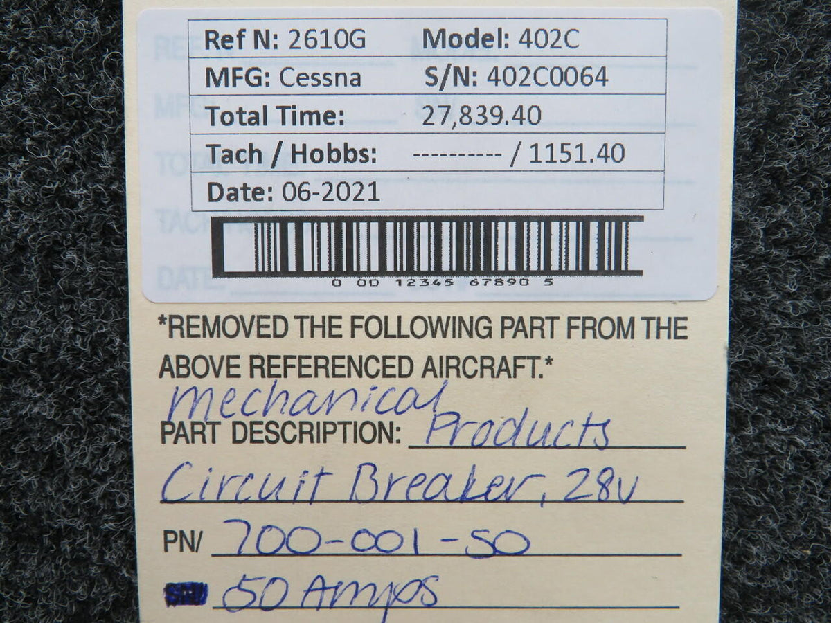 Mechanical Products 700-001-50 Cessna 402C Mechanical Products Circuit Breaker Volts 28