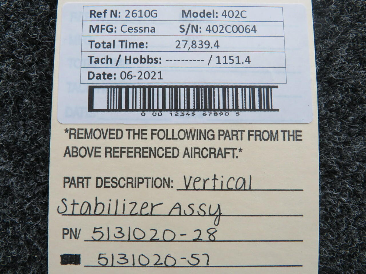 Cessna 5131020-28 USE 5131020-57 Cessna 402C Vertical Stabilizer Assembly