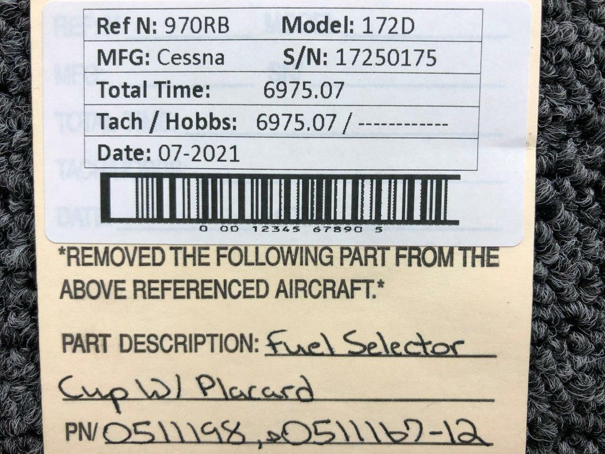 Cessna 0511198 Cessna 172D Fuel Selector Cup W/ Placard