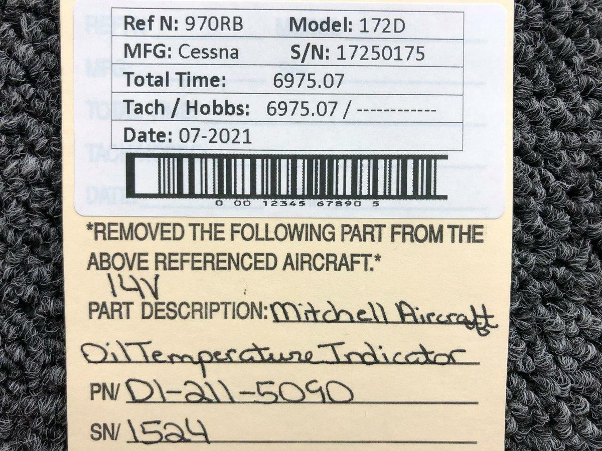 Mitchell Aircraft Instruments D1-211-5090 Cessna 172D Mitchell Aircraft Oil Temperature Indicator Volts 14
