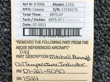 Mitchell Aircraft Instruments D1-211-5090 Cessna 172D Mitchell Aircraft Oil Temperature Indicator Volts 14