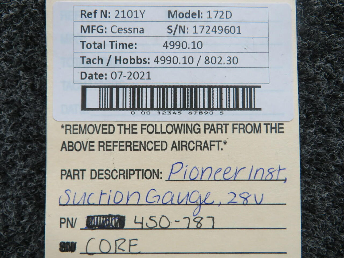 Pioneer 450-787 Cessna 172D Pioneer Inst Suction Gauge CORE