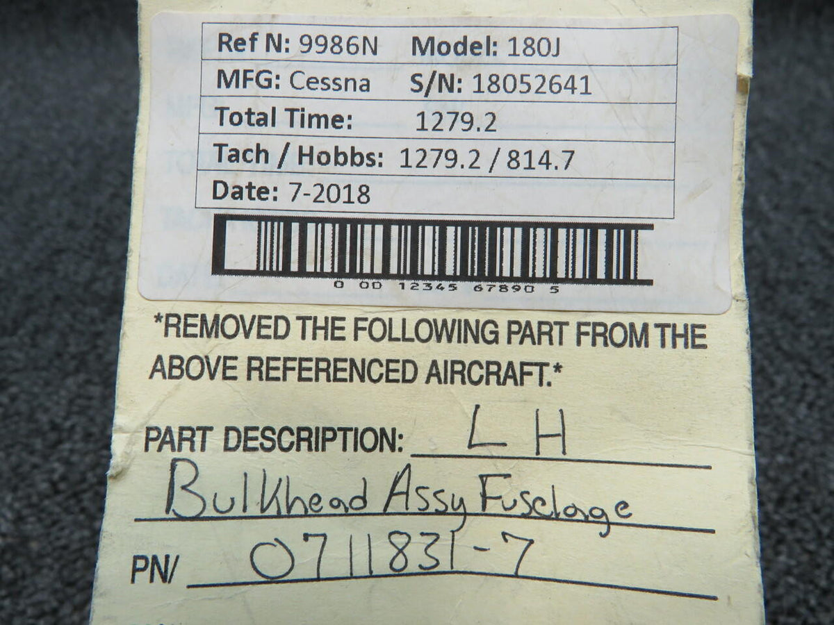 Cessna 0711831-7 Cessna 180J LH Bulkhead Assembly Fuselage