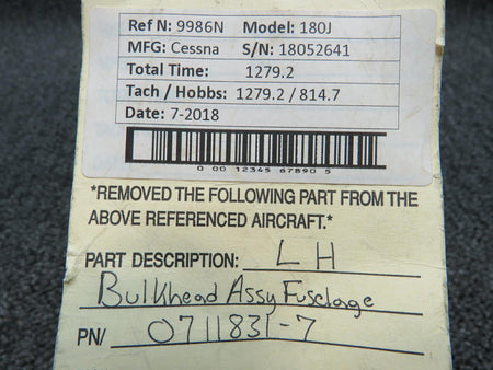Cessna 0711831-7 Cessna 180J LH Bulkhead Assembly Fuselage