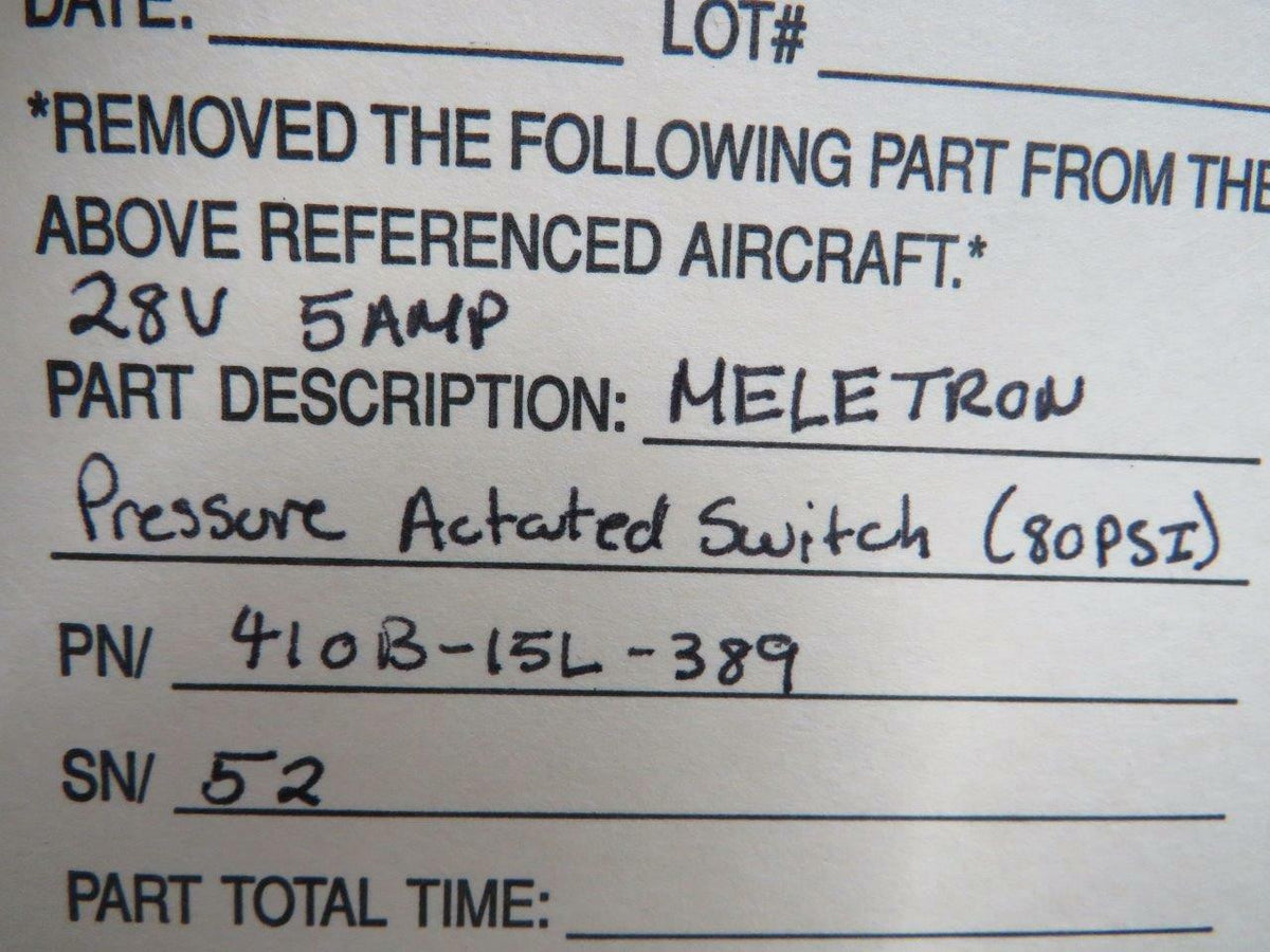 Meletron 410B-15L-389 Meletron Pressure Actuated Switch 28V, 5A