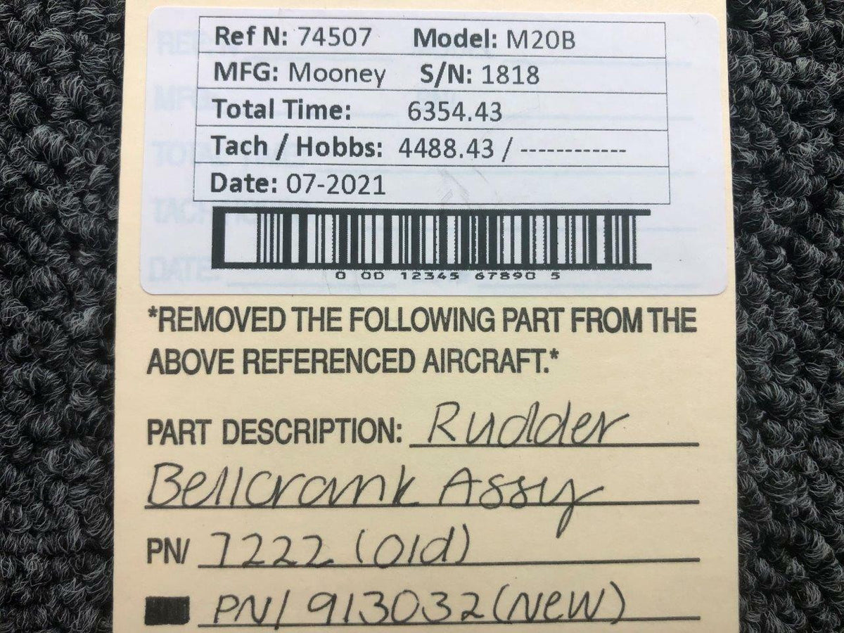 913032 (ALT: 7222) Mooney M20B Rudder Bellcrank Assembly BAS Part Sales | Airplane Parts