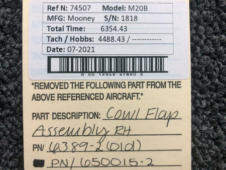 Mooney 650015-2 Old P/N 6389-2 Mooney M20B Cowl Flap Assembly RH