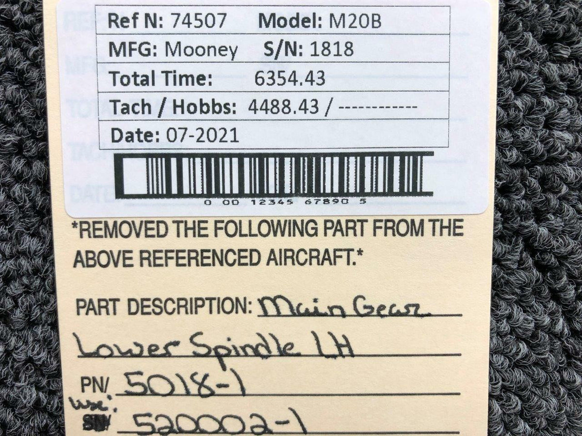 Mooney 5018-1 USE 520002-1 Mooney M20B Main Gear Lower Spindle LH