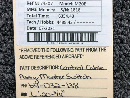 Mooney 64-032-138 Mooney M20B Master Switch Control Cable Assembly L 20-3/4