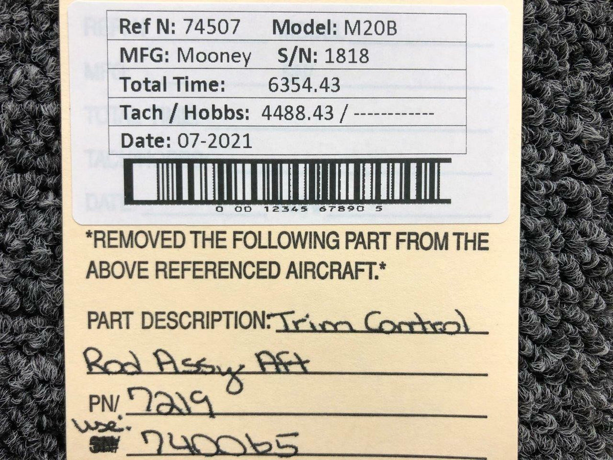 Mooney 7219 USE 740065 Mooney M20B Trim Control Rod Assembly AFT