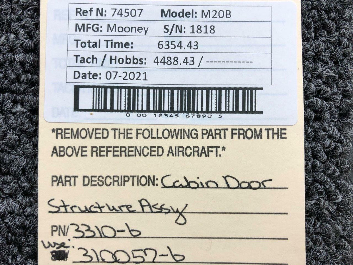 Mooney 3310-6 USE 310057-6 Mooney M20B Cabin Door Structure Assy W/ Complete Door Hinge