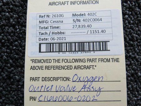 Cessna C166006-0202 Cessna 402C Oxygen Outlet Valve Assembly