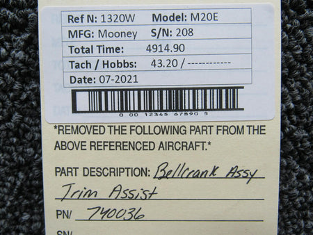 Mooney 740036 USE 740036-001 Mooney M20E Bellcrank Assembly Trim Assist