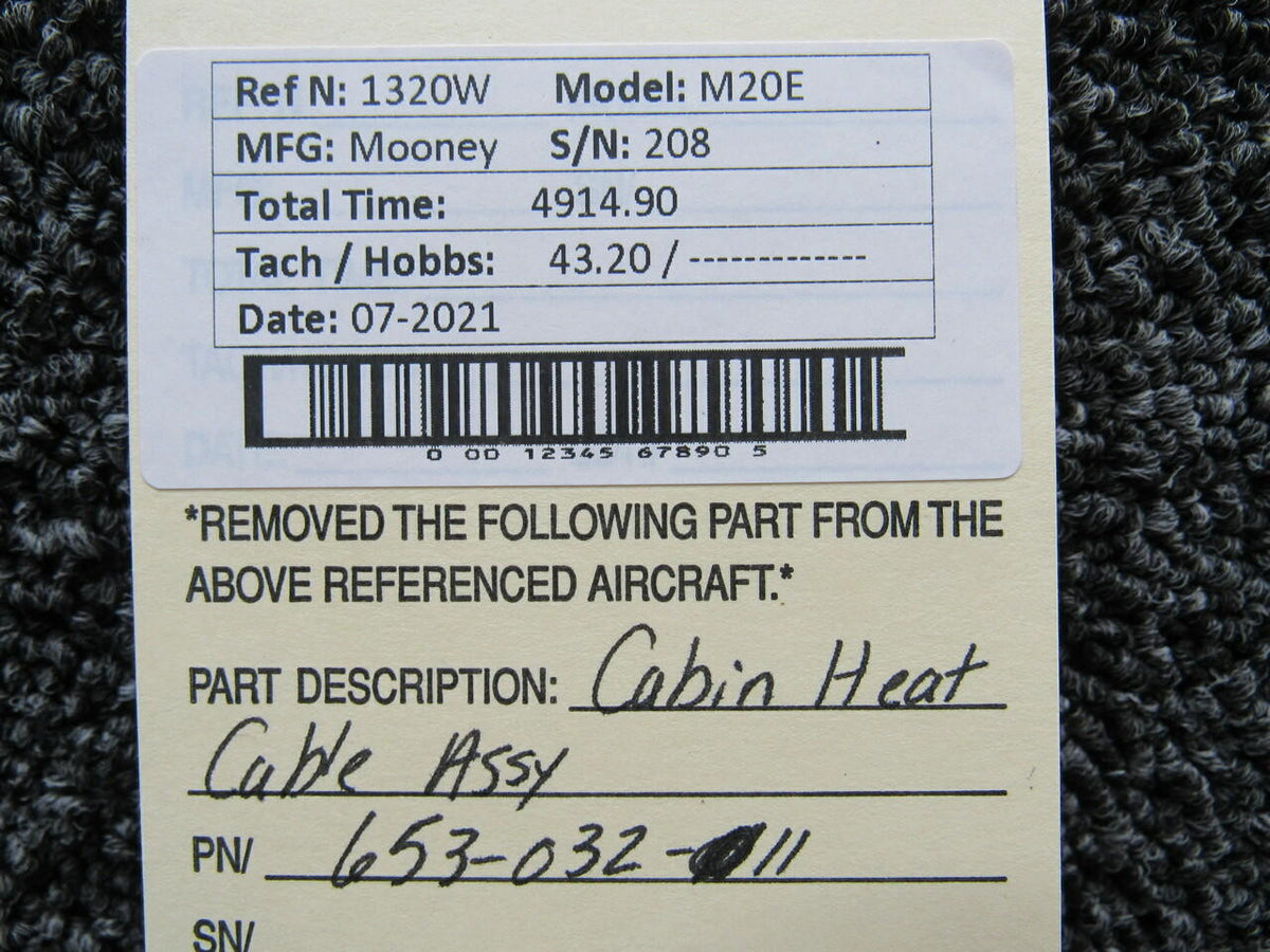 Mooney 653-032-11 Mooney M20E Cabin Heat Cable Assembly Length 41-1/8