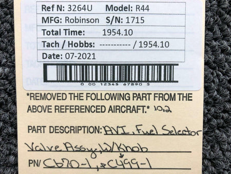 AVI C670-1 / C499-1 Robinson R44 AVI Fuel Selector Valve Assy W/ Knob