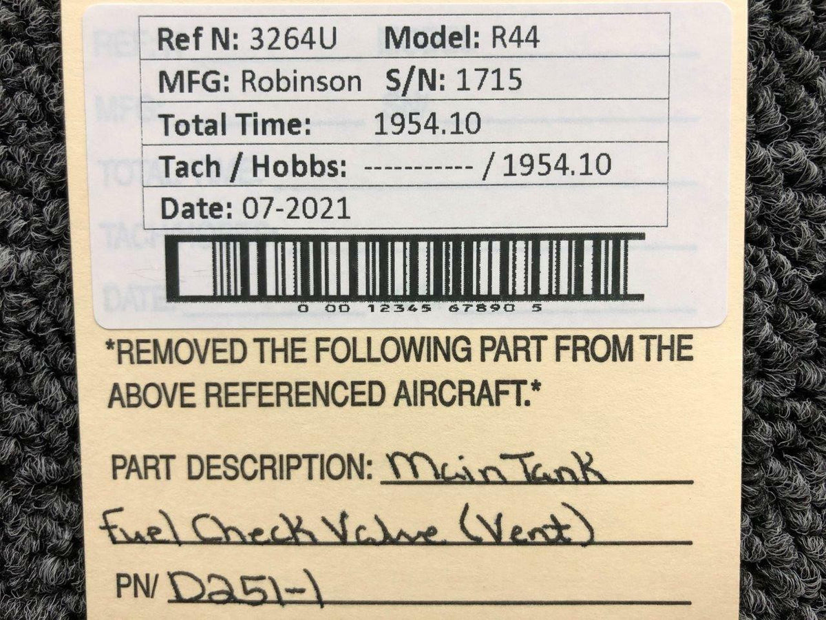 Robinson D251-1 Robinson R44 Main Tank Fuel Check Valve Vented