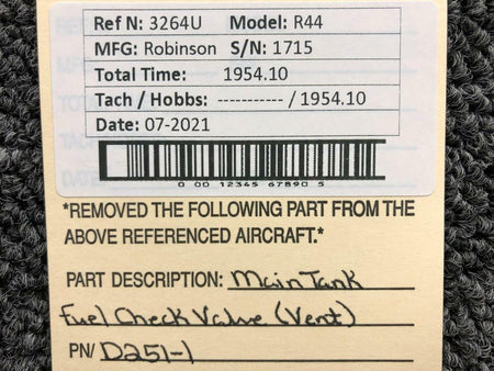 Robinson D251-1 Robinson R44 Main Tank Fuel Check Valve Vented