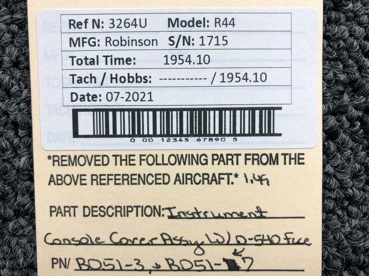 Robinson B051-3 and B051-7 Robinson R44 Instrument Console Cover Assembly W/ O-540 Face