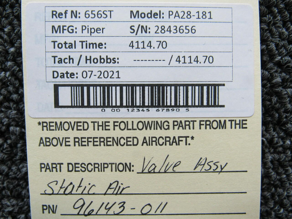 Piper 96143-011 Piper PA28-181 Valve Assembly Static Air