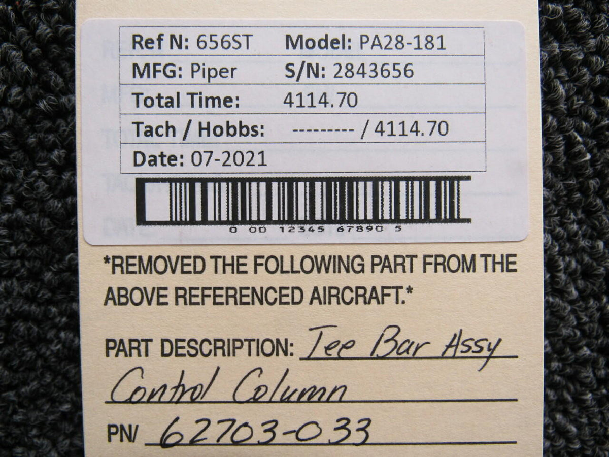 Piper 62703-033 Piper PA28-181 Tee Bar Assembly Control Column