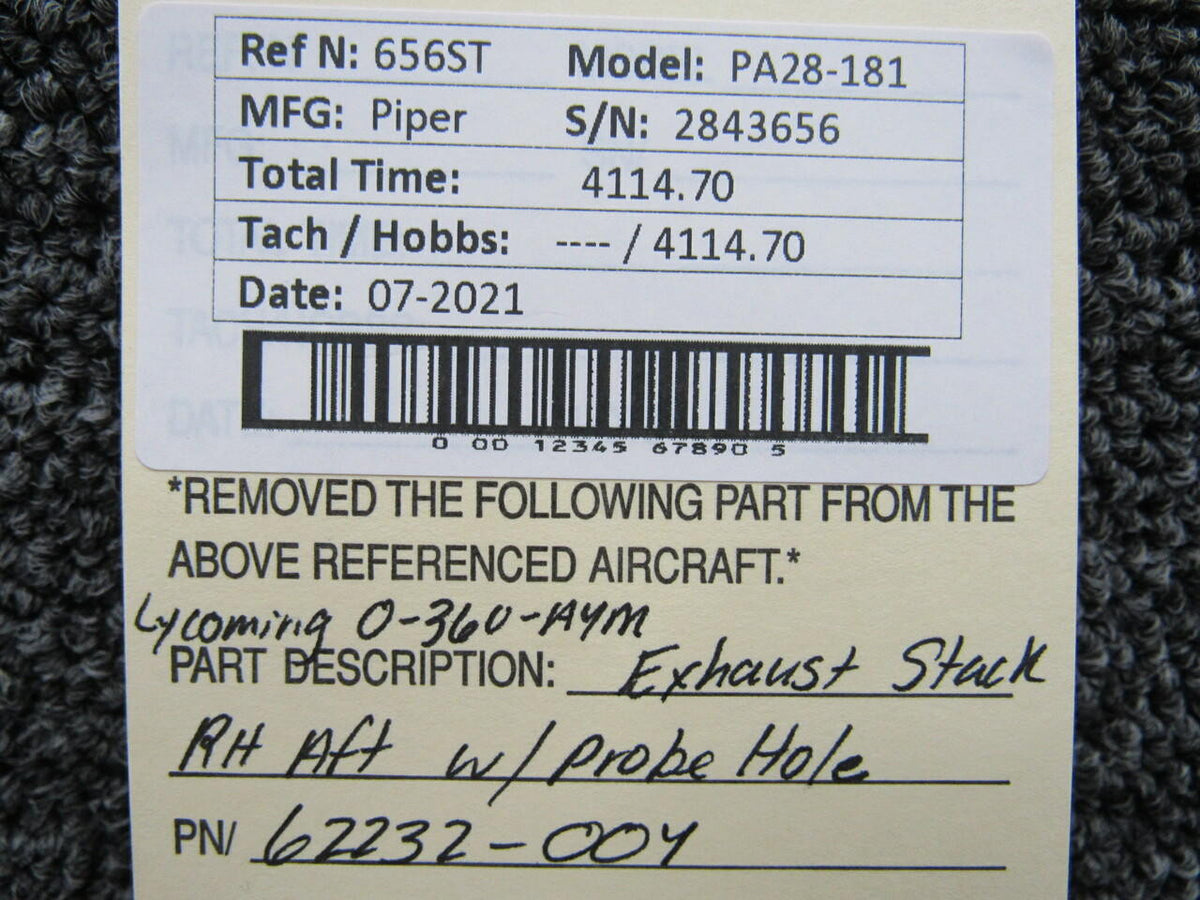 Lycoming 62232-004 Lycoming O-360-A4M Exhaust Stack RH AFT W/ Probe Hole
