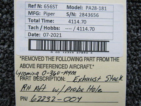 Lycoming 62232-004 Lycoming O-360-A4M Exhaust Stack RH AFT W/ Probe Hole