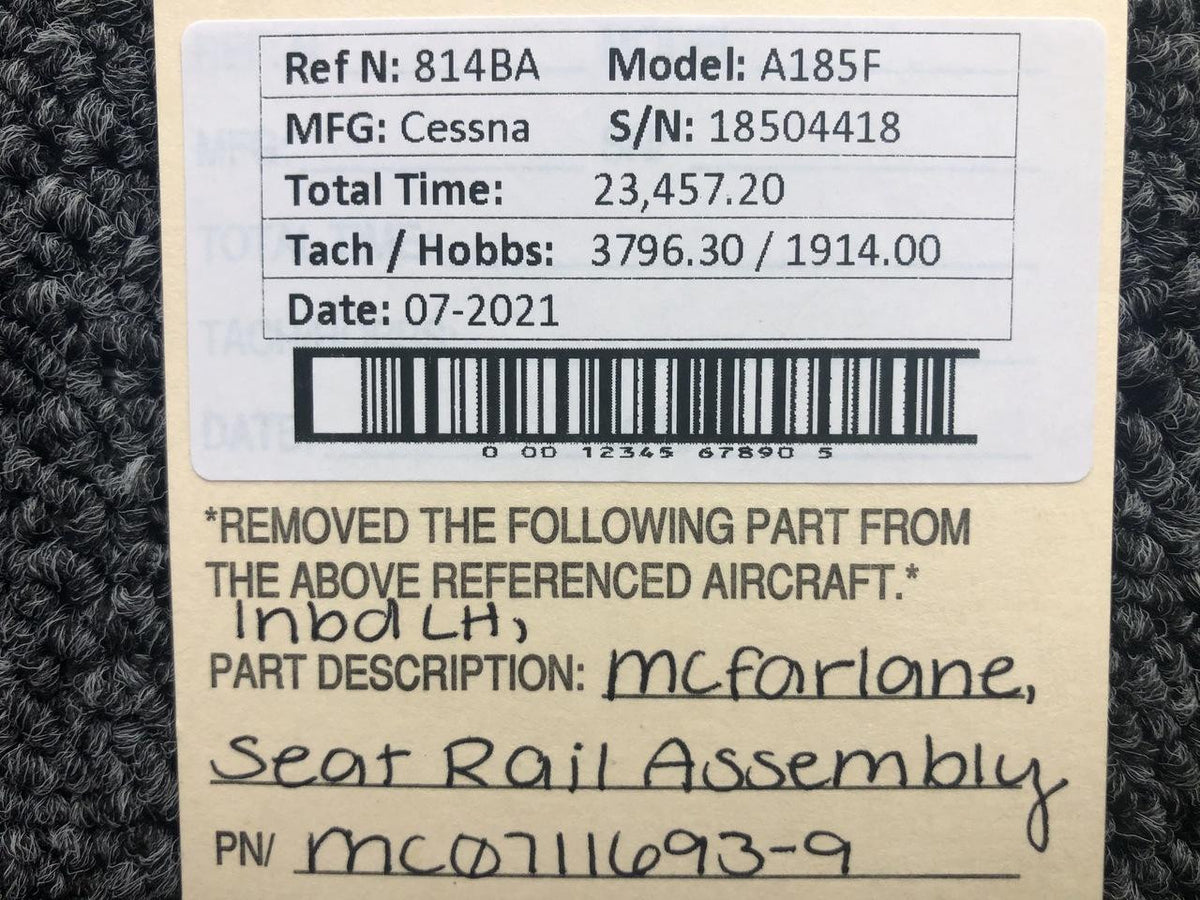 MCFarlane MC0711693-9 Cessna A185F McFarlane Seat Rail Assembly Inboard LH
