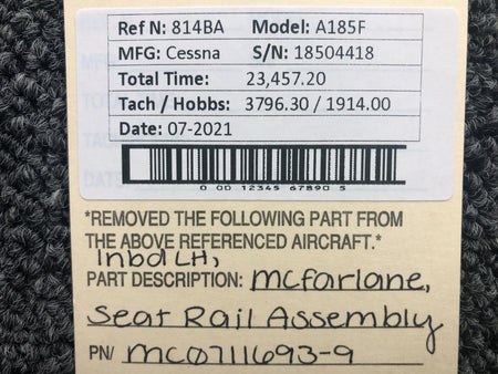 MCFarlane MC0711693-9 Cessna A185F McFarlane Seat Rail Assembly Inboard LH