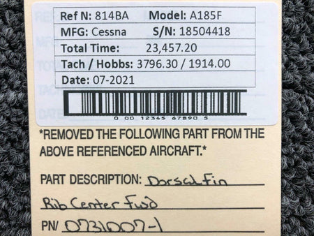 0731007-1 Cessna A185F Dorsal Fin Rib Center Forward BAS Part Sales | Airplane Parts