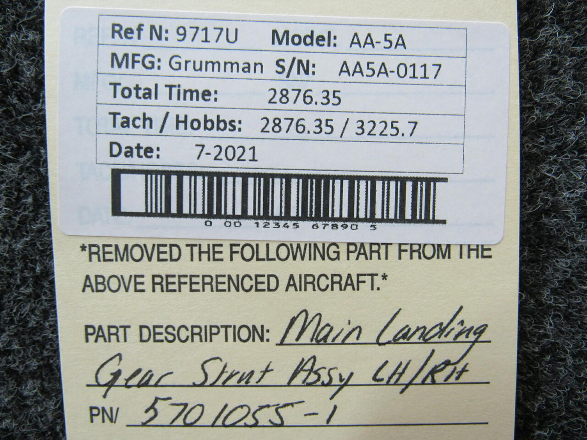 5701055-1 Grumman AA-5A Main Landing Gear Strut Assembly LH / RH BAS Part Sales | Airplane Parts