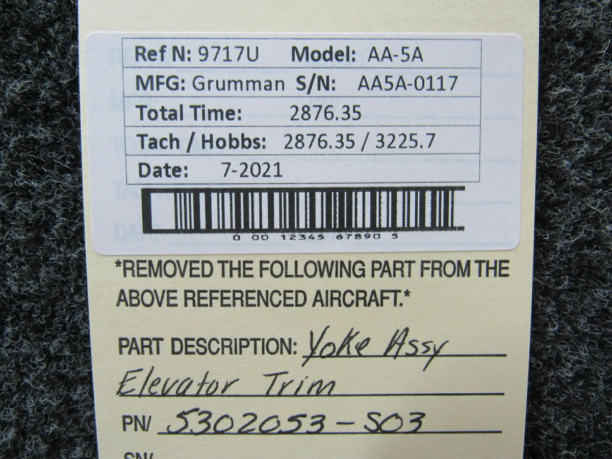 Grumman 5302053-503 Grumman AA-5A Yoke Assembly Elevator Trim
