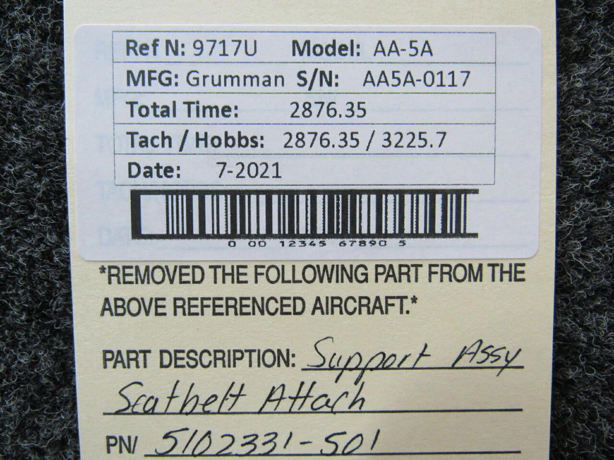 Grumman 5102331-501 Grumman AA-5A Support Assy Seatbelt Attach