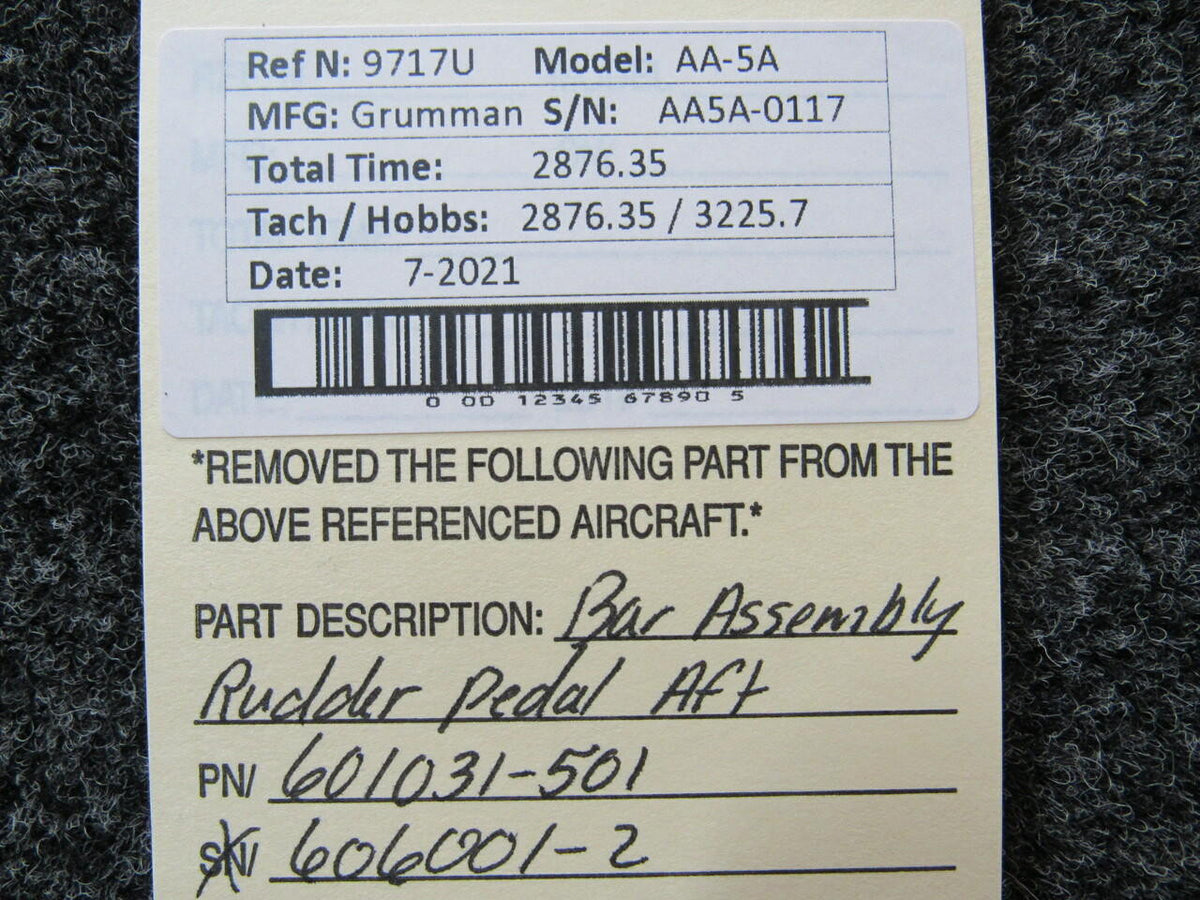 Grumman 601031-501 Grumman AA-5A Bar Assembly Rudder Pedal AFT