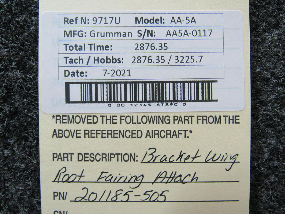 201185-505 Grumman AA-5A Bracket Assembly Wing Root Fairing Attach BAS Part Sales | Airplane Parts