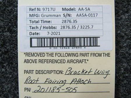 201185-505 Grumman AA-5A Bracket Assembly Wing Root Fairing Attach BAS Part Sales | Airplane Parts
