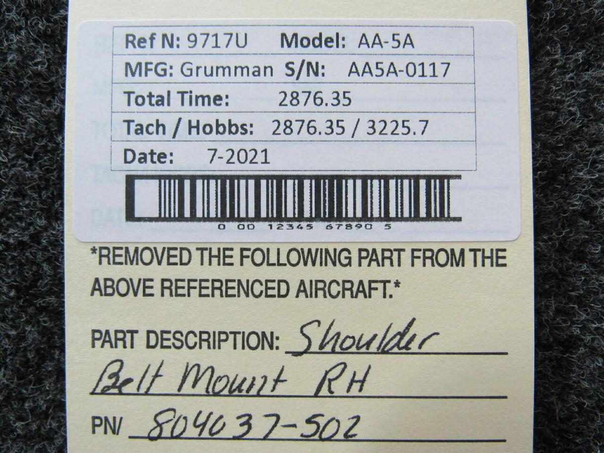 Grumman 804037-502 Grumman AA-5A Shoulder Belt Mount RH