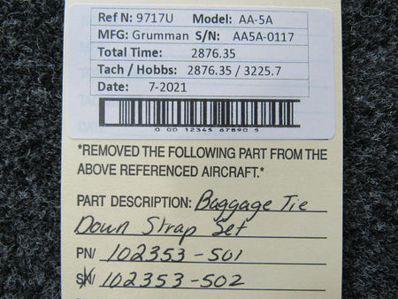 Grumman 102353-501 / 102353-502 Grumman AA-5A Baggage Tie Down Strap Set