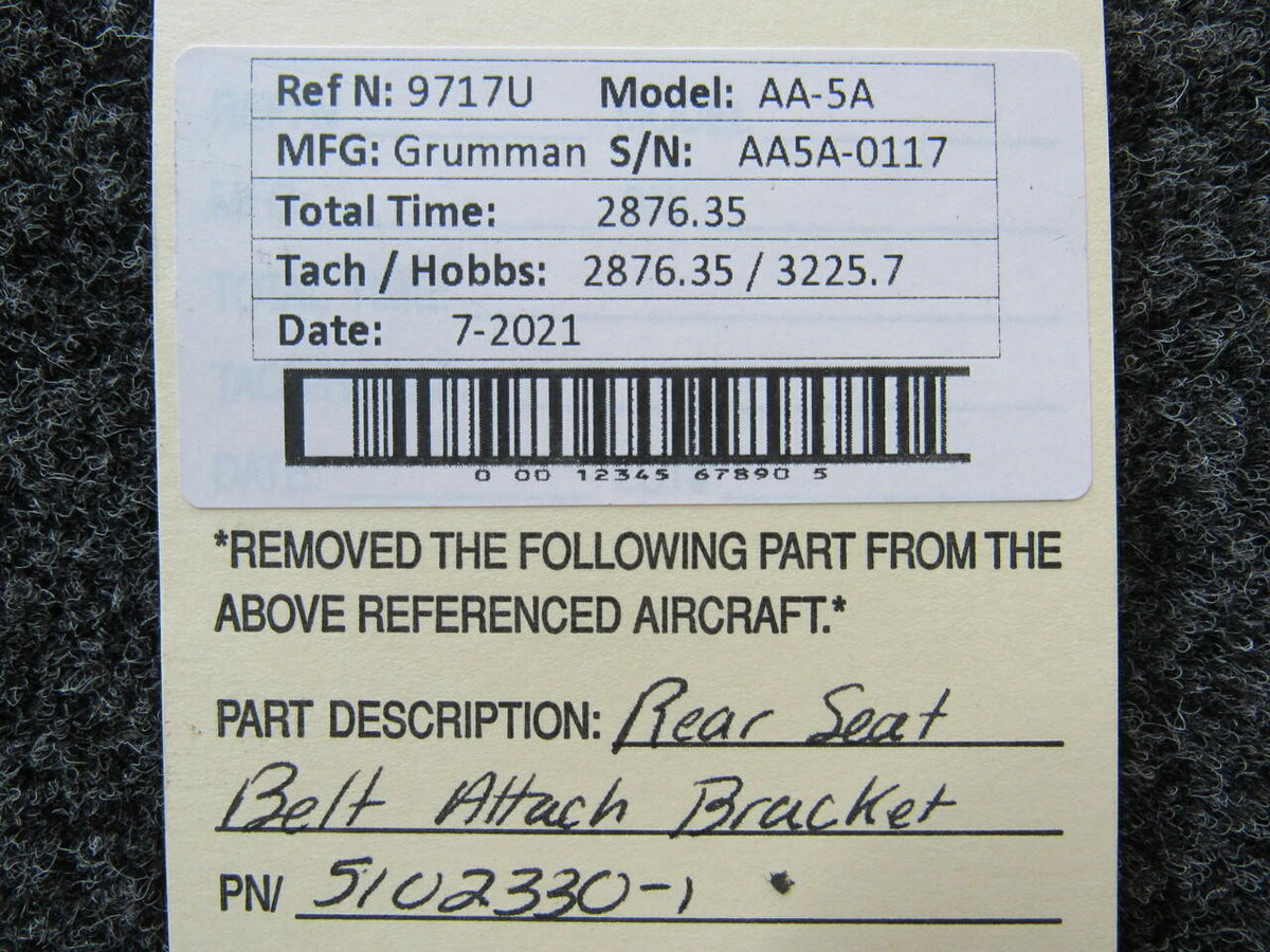 Grumman 5102330-1 Grumman AA-5A Rear Seat Belt Attach Bracket