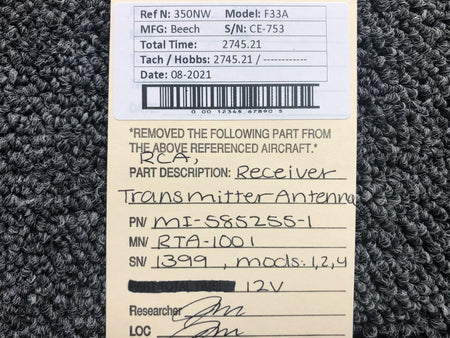 Beech MI-585255-1 M/N RTA-1001 Beech F33A RCA Receiver Transmitter Antenna 12V