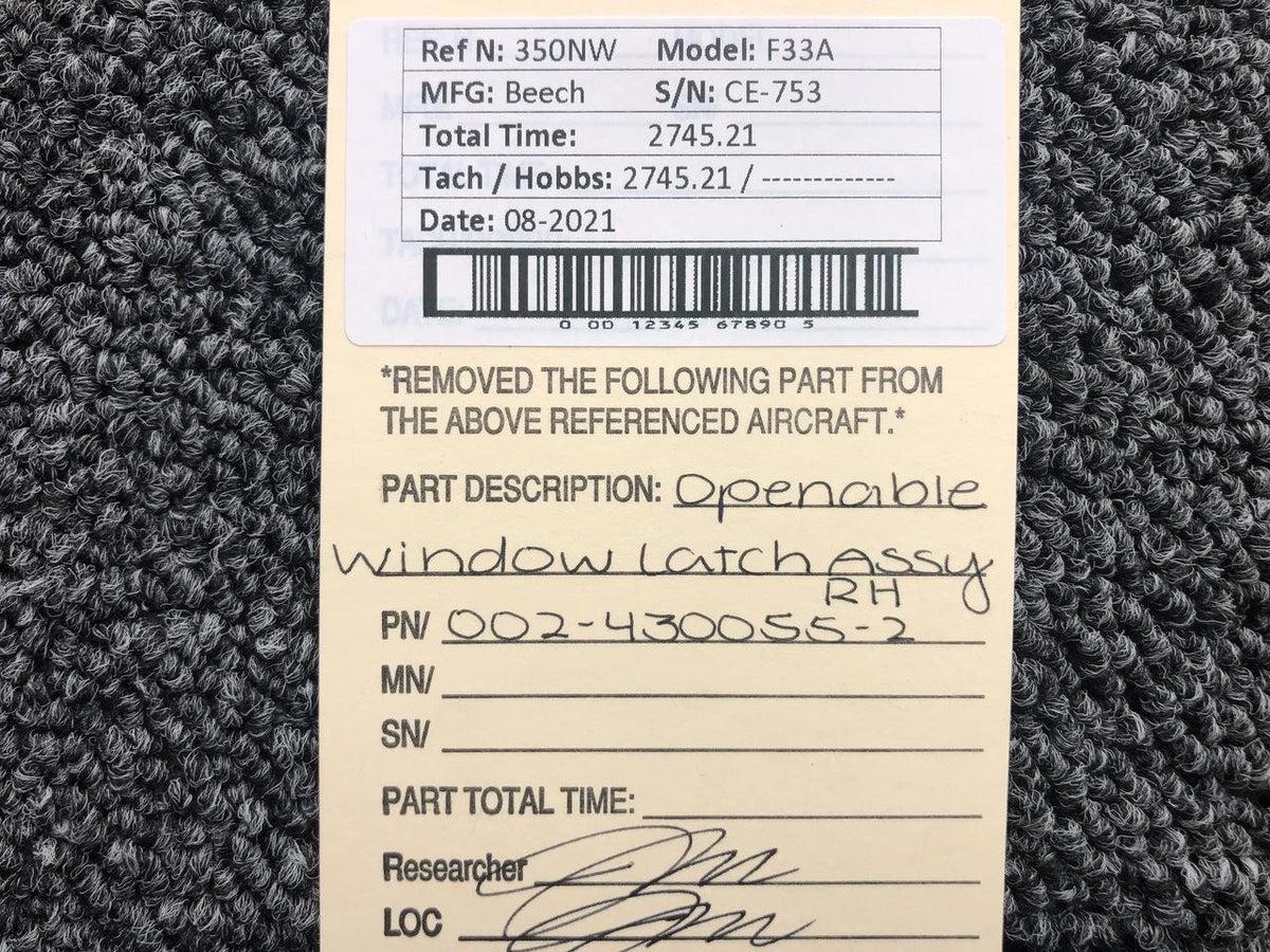 Beech 002-430055-2 Beech F33A Openable Window Latch Assembly RH